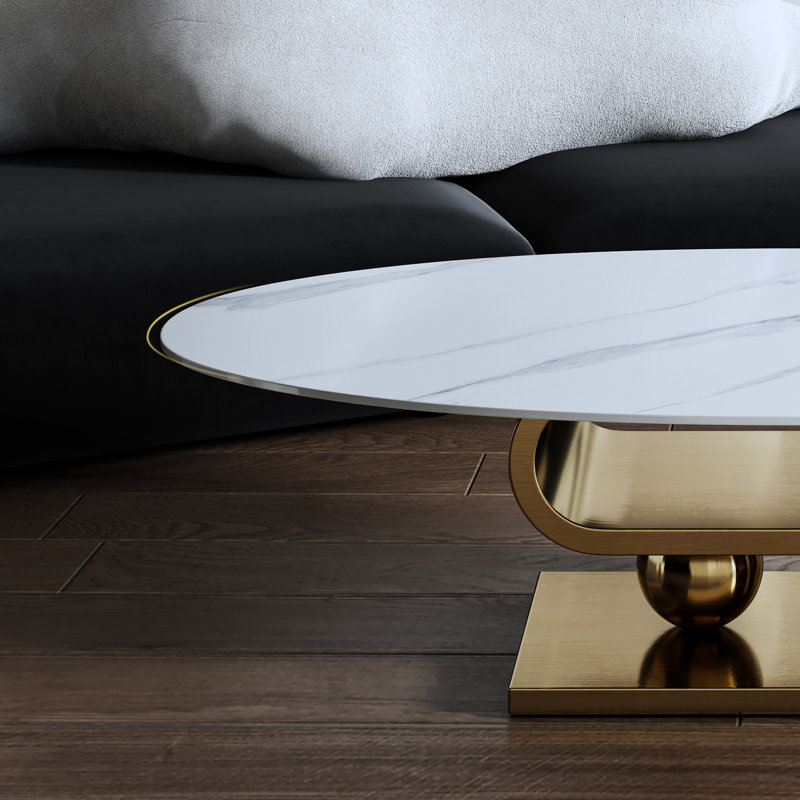 Milliano Minimalist Faux Marble Coffee Table with S-Shape Stainless Steel Base, Gold