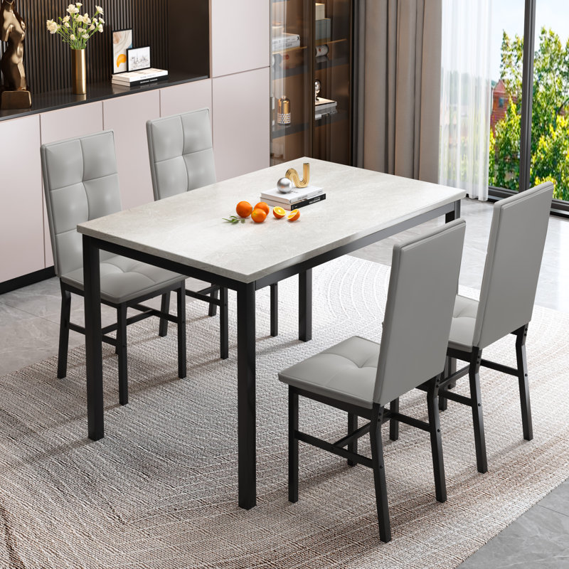 Dining Table Set For 4, Rectangle Dining Room Table Set With Four Chairs And Faux Marble Top, Dining Table Set With Backrest For Dining Or Living Room