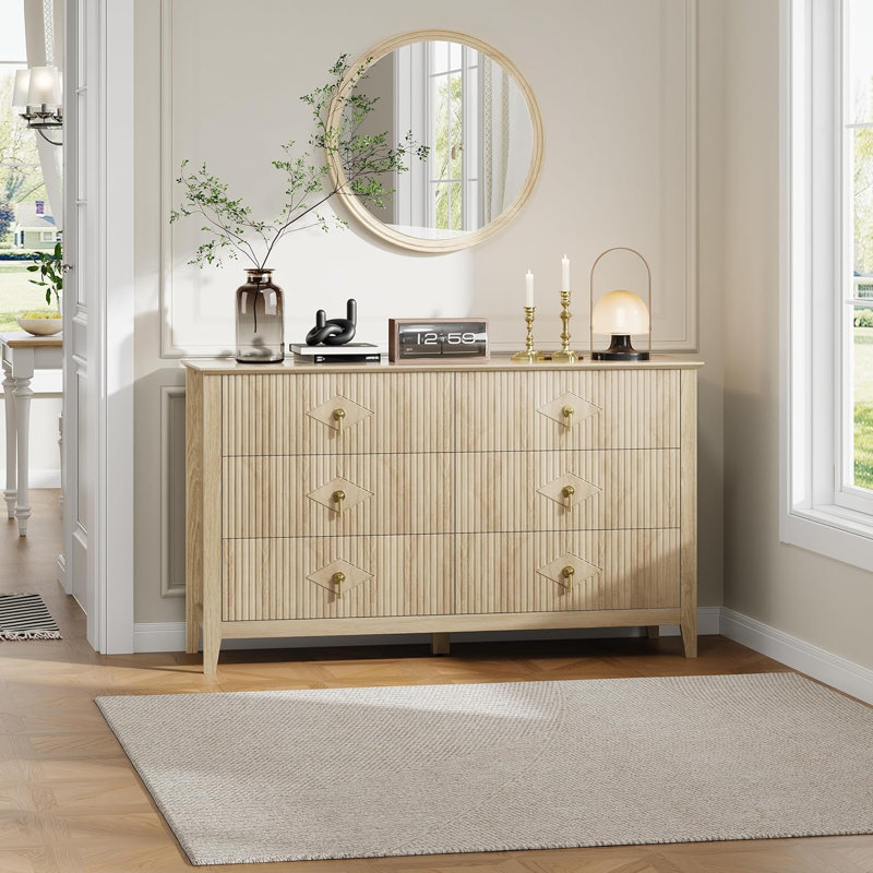 Commode pour chambre à coucher avec 6 tiroirs, commode extra large 54 "avec poignée en métal, Jaune