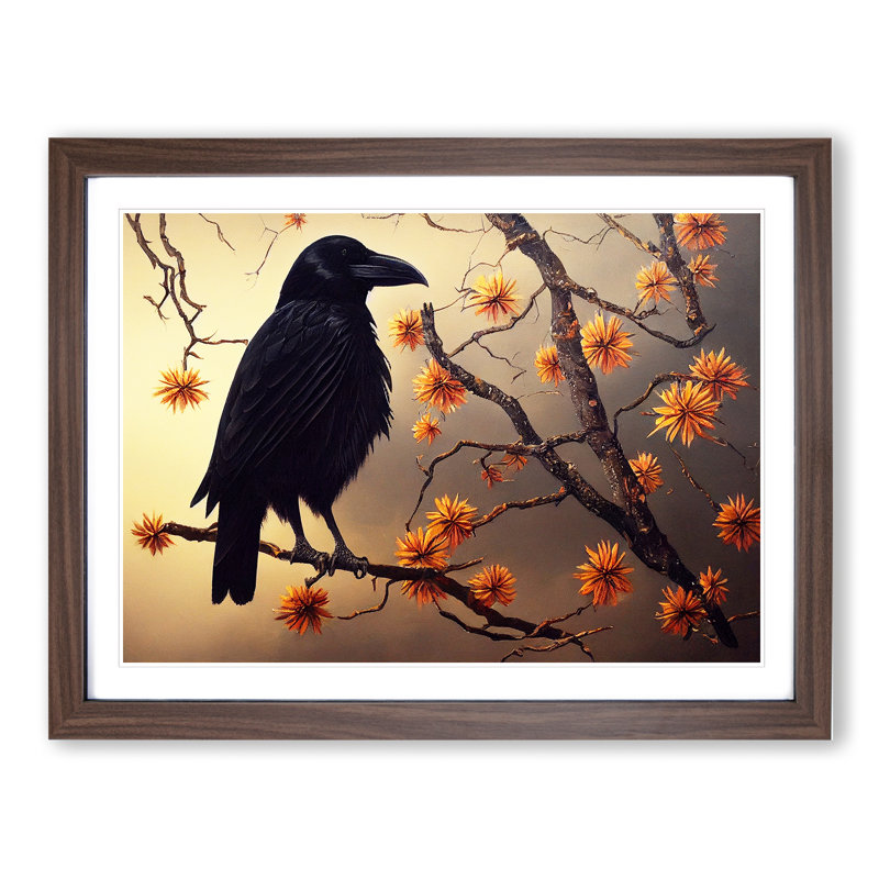 Eye Catching Crow Bird 1 Piece Single Picture Frame Wall Art, 46cm H x 64cm W x 2cm D, Walnut Framed