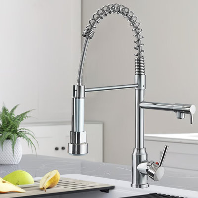 Brushed Nickel Kitchen Faucet with Pull Down Sprayer Double Spout Kitchen Sink Faucet Single Handle Stainless Steel Spring Kitchen Faucets