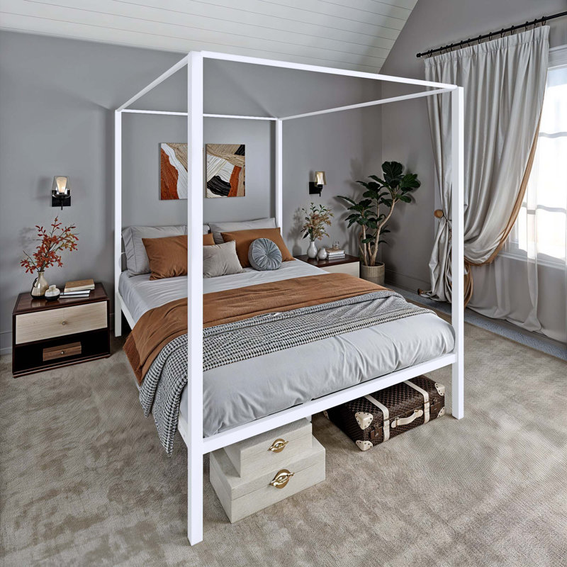 Metal Canopy Bed, White, Queen