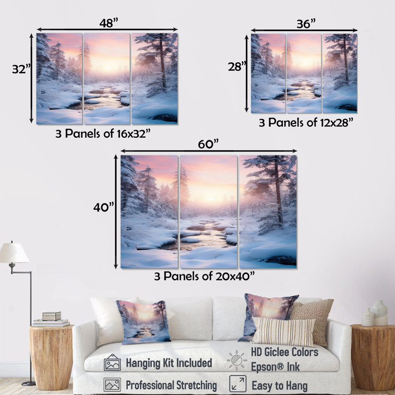 Ensemble de salon Misty Sunset Snowy Winter Forest - Snow Wall Art, Toile tendue, H 40 po x l 60 po x P 1 po