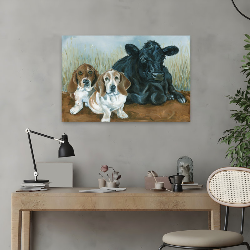 Angus et les chiens, art contemporain de la vache, H 16 po x l 24 po