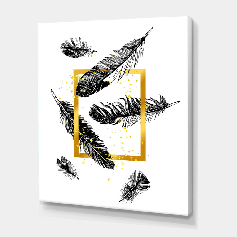 Cadre doré et plumes - Impression sur toile, H 20 po x l 12 po x P 1po, Toile tendue