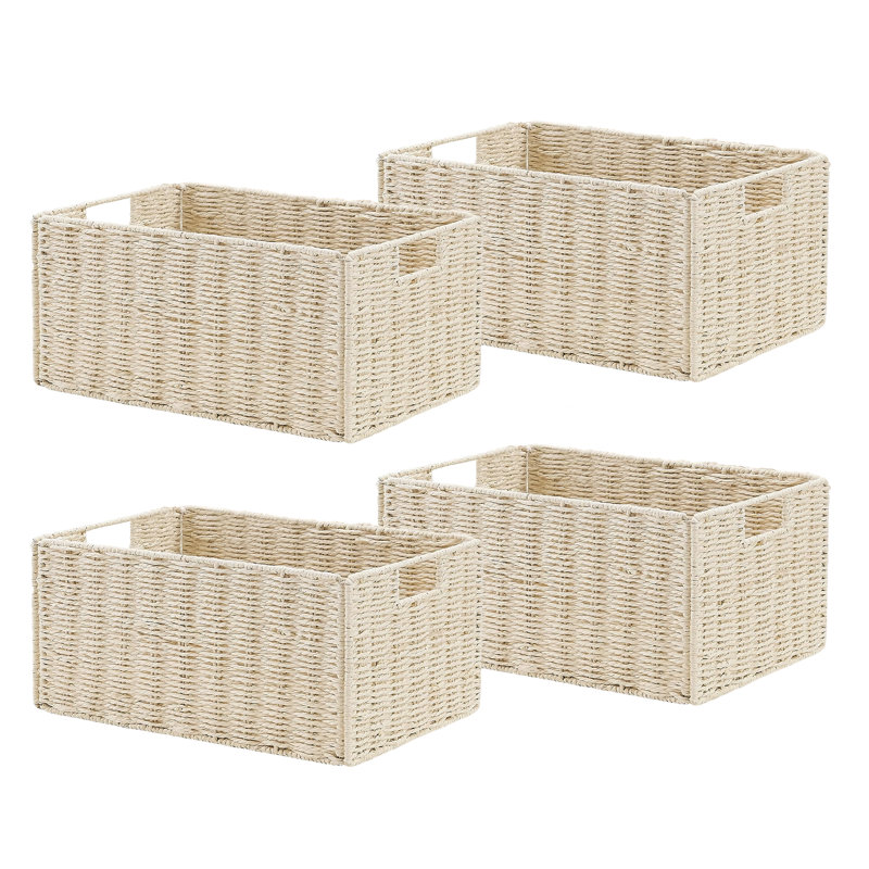 Ensemble de 4 paniers de rangement écologiques en corde de papier tissé - Organisateurs rectangulaires pliables noirs avec poignées - Rangement ouvert peu encombrant pour la maison, les tablettes, la salle de bain et le salon