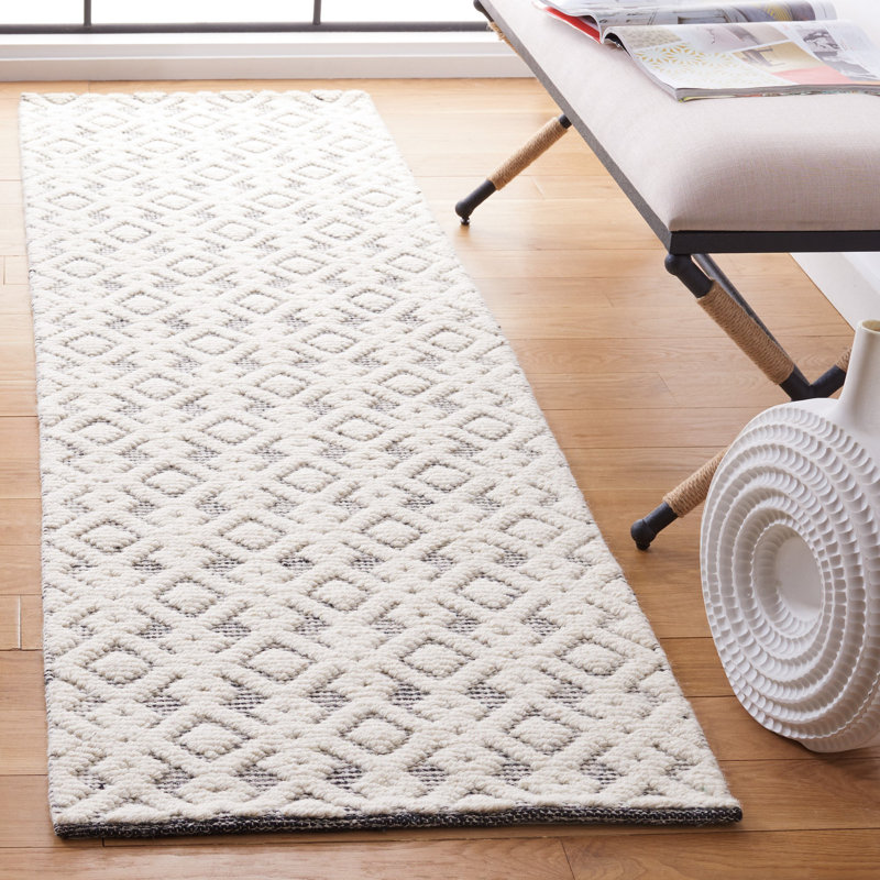Vermont Hand Woven Wool/Cotton Geometric Rug in Ivory/Black, Runner 2'3" x 8'
