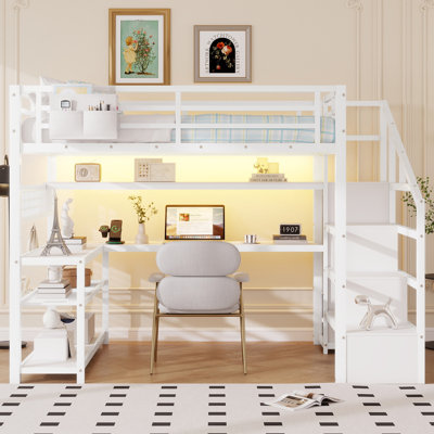 Full Size Metal Loft Bed with Stairs, Wardrobe and L-Shaped Desk, Loft Bed with Storage Shelves, LED Lights & Charging Station,White