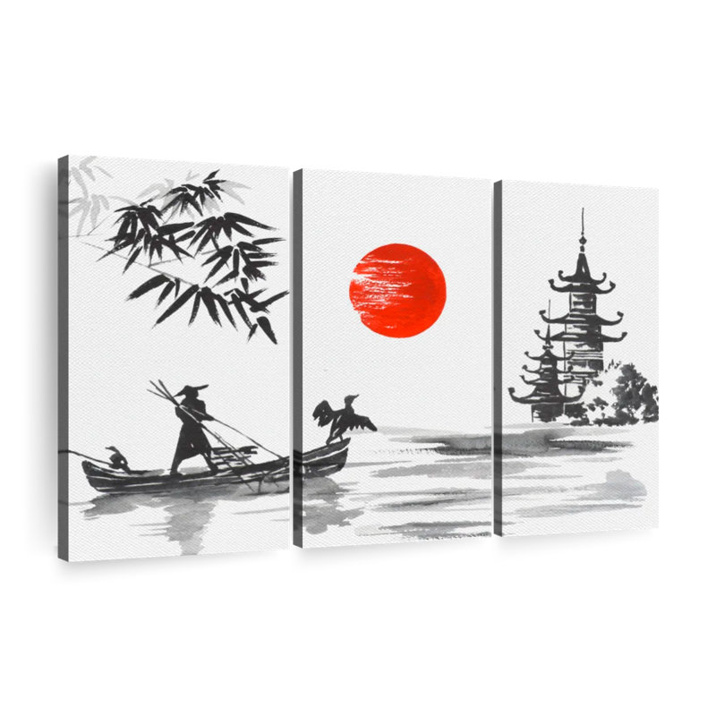 «Abstract Sumi E River», 3 pièces sur toile, H 20 po x l 33 po x P 1,25 po