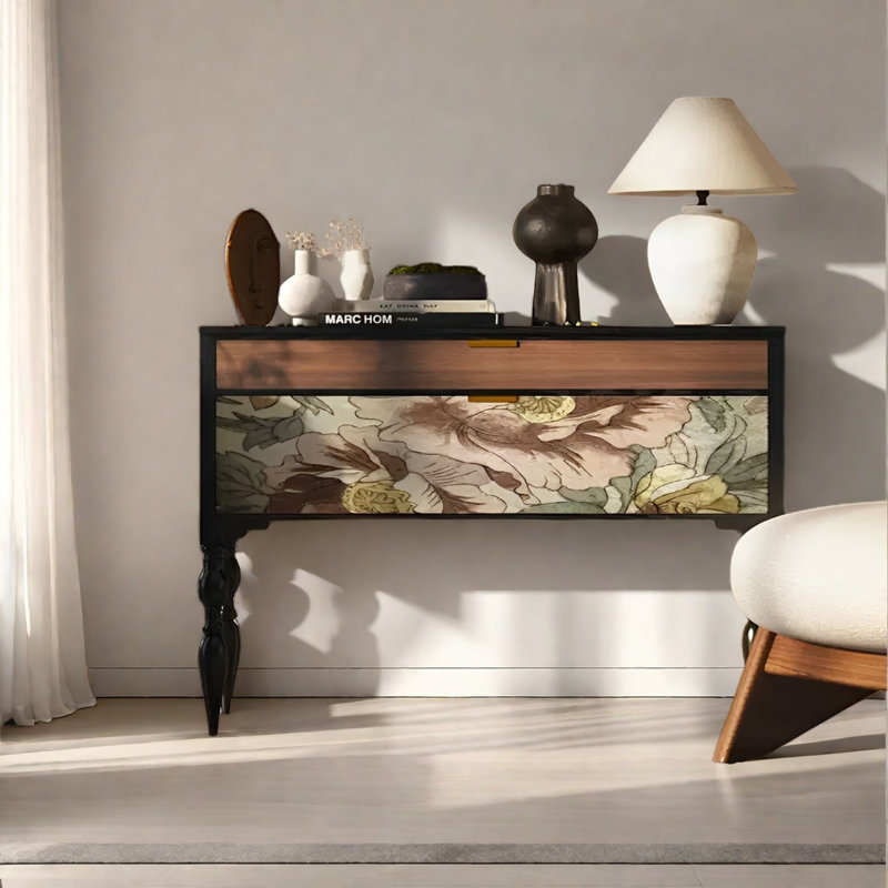 Retro Classical Art Console Table with Drawers, Black