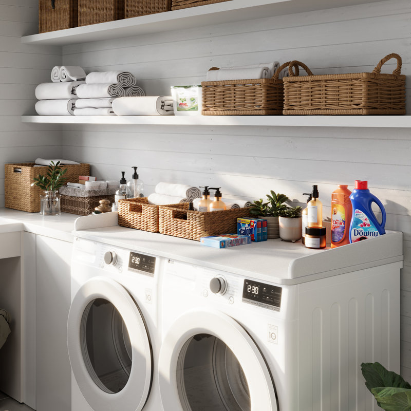 Dryer Countertop, Laundry Wood Shelf Topper With Edge, 54" Width X 26.7" Depth Cover Guard Organizer For Washer And Dryer Laundry Hamper Counter Storage Organization (White)