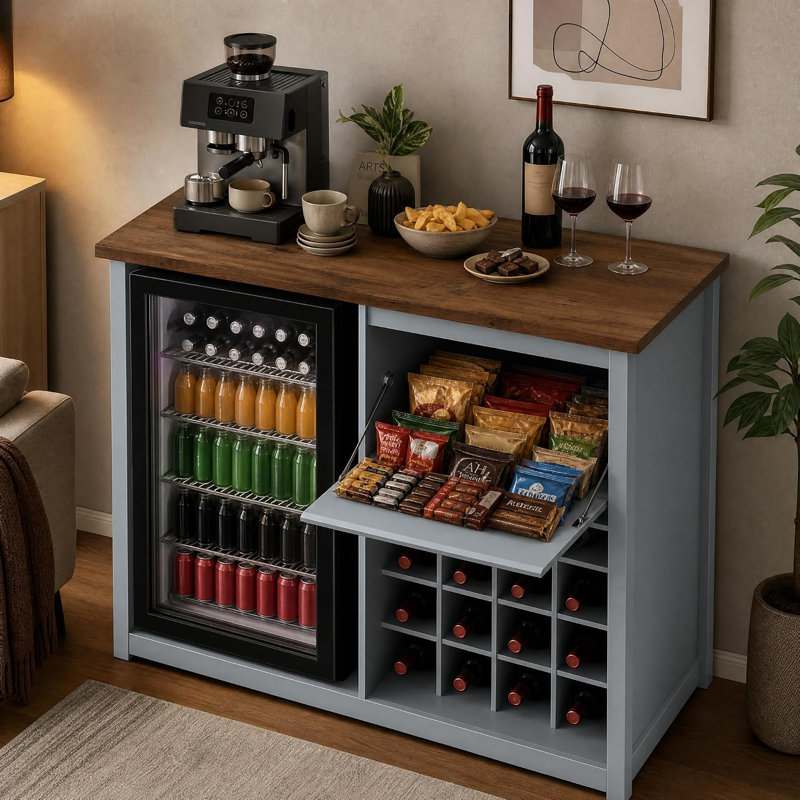 Armoire à café et à collation de 41,7 pouces avec mini-réfrigérateur, prise de courant intégrée et 3 tiroirs ouverts, bleu-gris