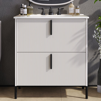 Meuble-lavabo 30 po avec lavabo en céramique et tiroirs pleine extension, glissières à fermeture en douceur et conception cannelée