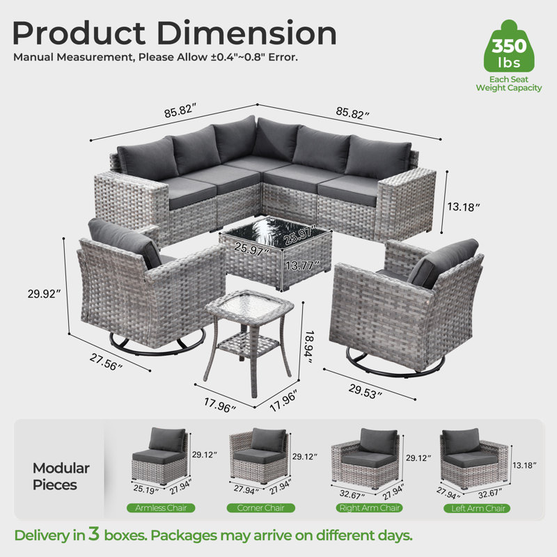 Ensemble de conversation modulaire en osier / rotin pour 7 personnes avec chaises pivotantes Baili, ensemble de conversation modulaire moderne avec coussins