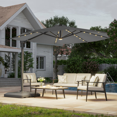 11' Offset Patio Umbrella with Easy Pedal 360-Degree Swivel, Solar Powered LED Strip Lights and Fade Resistant Canopy with Base, Gray
