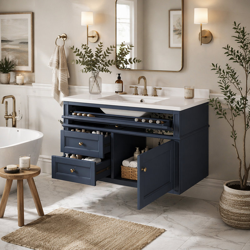 Meuble-lavabo mural 36 po, armoire de rangement flottante avec 2 tiroirs, 1 tiroir basculant, lavabo simple en céramique 3 trous, armoire moderne