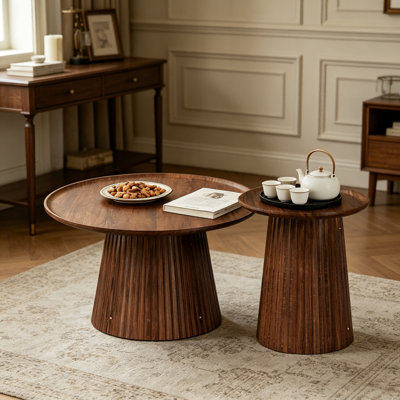 Set of 2 Fluted Round Nesting Coffee Tables, Raised Tray Top with Ribbed Cone Base, Wooden Accent End Table Set, Modern Farmhouse Cylinder Side Table Bundle for the Living Room & Bedroom
