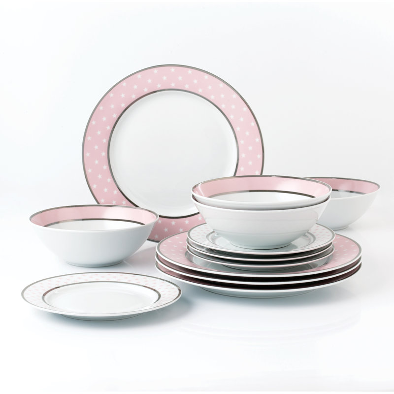 Waterside 12pc Star Porcelain Dinner Set with Platinum Rim, Pink