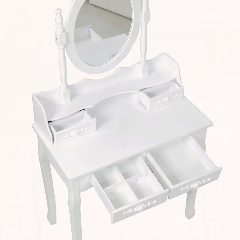 Vanity Desk Set with 360° Rotating Mirror and 4 Drawers, White