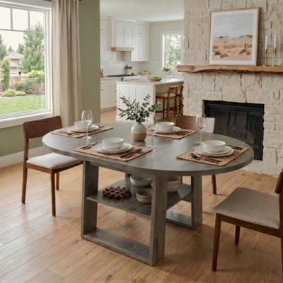 Table de salle à manger extensible ronde 43,3 "à 59" pour 4-6, table de cuisine ronde à ovale avec rallonge rabattable intégrée, base stable en H et tablette de rangement