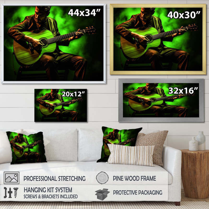 «Green Green Music Acoustique Serenade», reproduction d'art sur toile, H 16 po x l 32 po x P 1 po, Cadre flottant doré