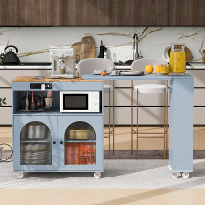 Îlot de cuisine roulant avec table allongée, îlot de cuisine sur roulettes avec lumières DEL, prises de courant et 2 portes en verre cannelé, îlot de cuisine avec compartiment de rangement et 3 tablettes ouvertes latérales, gris, îlot de cuisine
