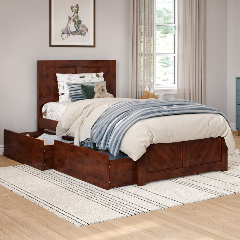 Lit plateforme en bois massif Jeinny avec pied de lit et tiroirs de rangement assortis, Noyer, Simple