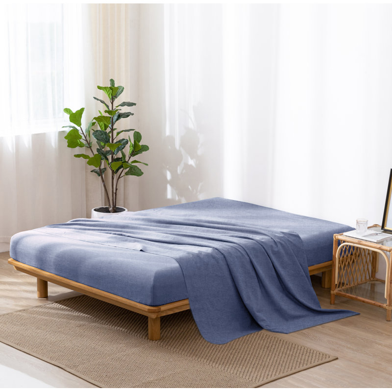 Drap plat 100% coton lavé MooMee, Bleu denim, Drap plat grand