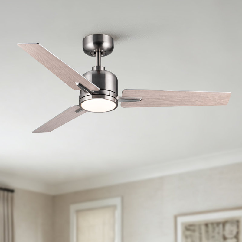 Modern 48" Ceiling Fan with Light and 3 Blades, Brushed Nickel, Brushed Nickel;Light Yellow Wood