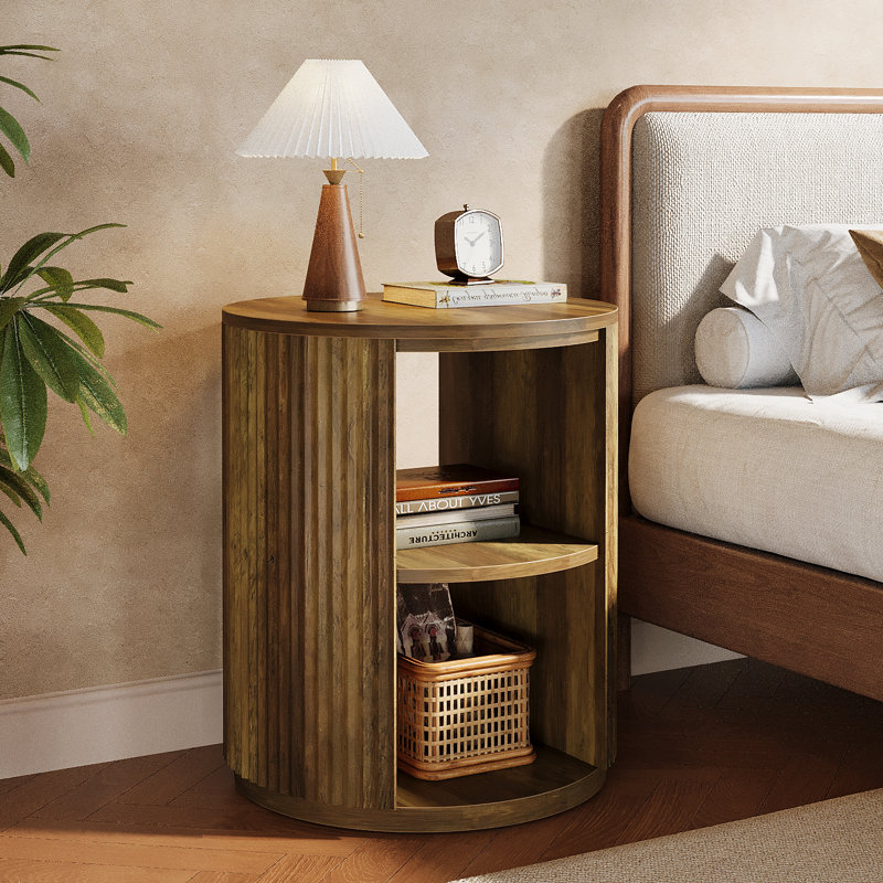 Round Fluted End Table, Farmhouse Round Side Table with 3-Tier Storage Shelves, Circle Bedside Nightstand