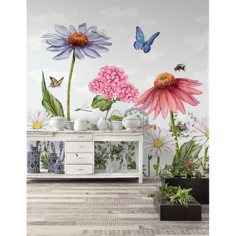 Papier peint aquarelle fleurs de jardin marguerites et papillons, L 35,04 po x l 55 po