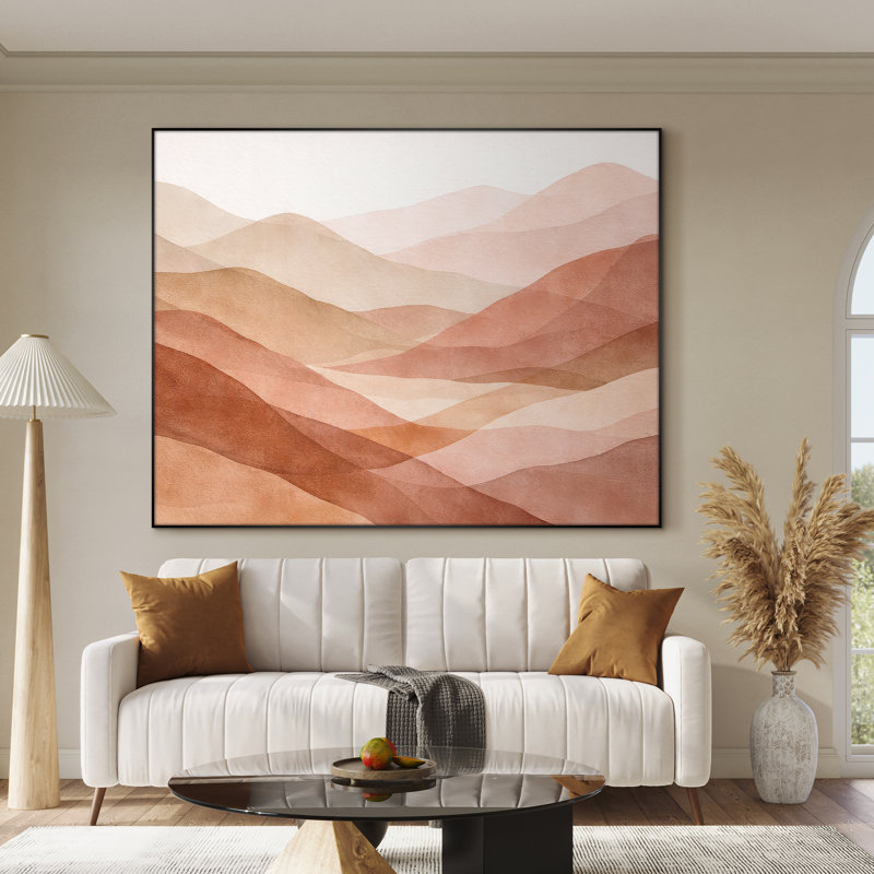 Très grand reproduction d'art sur tissu mural - Paysage de montagne en terre cuite chaude en rosé et beige pour la chambre à coucher - «Assemblage requis du cadre (cadre non fini)»