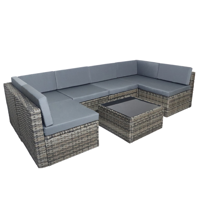 Ensemble de conversation modulaire en rotin 7 pièces avec coussins Mapleview, Gris