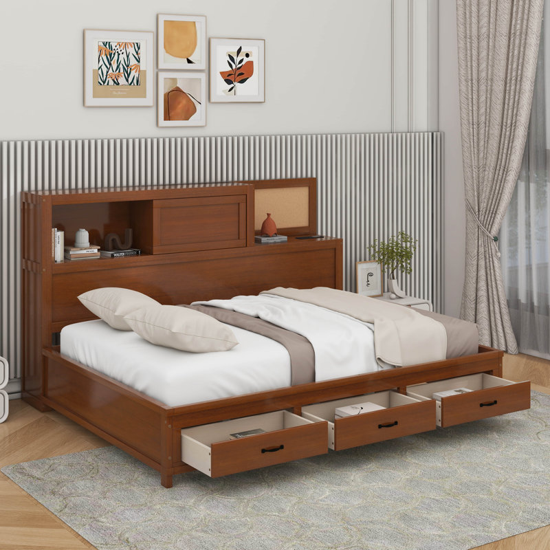 Lit de jour double en bois avec 3 tiroirs de rangement, tablette souple supérieure, tablette et ports USB, Noyer