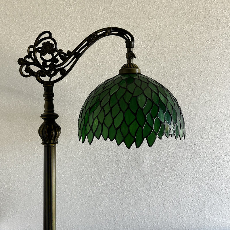 Fiecke Tiffany Floor Lamp Stained Glass Green Leaves LED Bulb Included Gooseneck 20"W*12"D*63"H