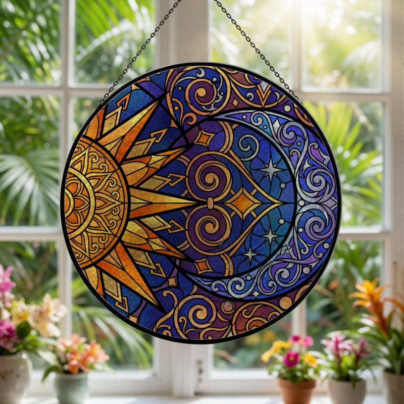 Vitrail 12 "H Sun Moon, H 12 po x l 12 po