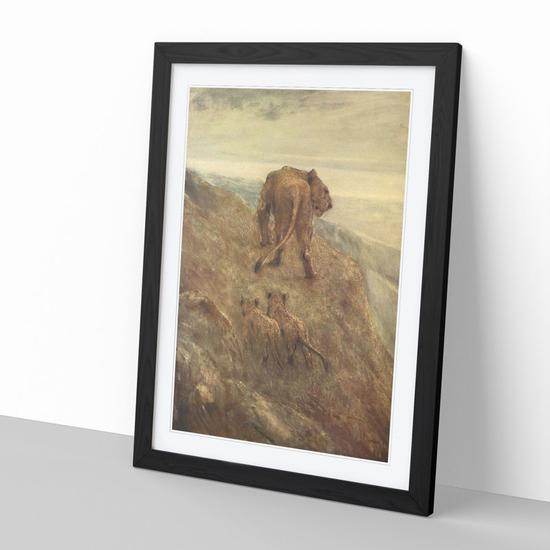 Lion and Cubs by John Macallan Swan - Picture Frame Painting, 36cm H x 27cm W x 2cm D, Black Framed