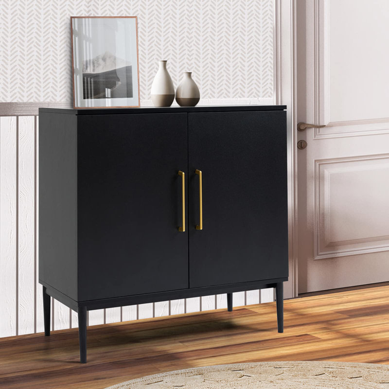 Black Modern Storage Cabinet with Metal Base and Doors