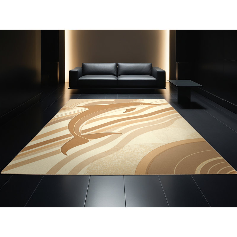 Machine Washable Pavanvir Dolphin Art Deco Arc Rug in Beige – Beige Binding, 7x10