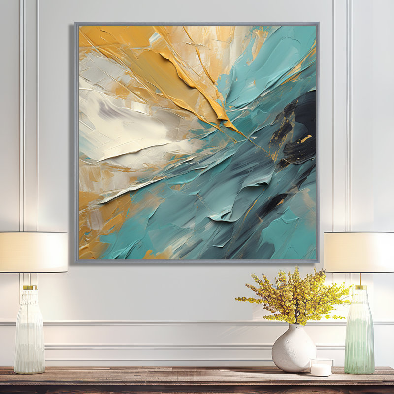 Joy of Peace, peinture abstraite or bleu clair - Art abstrait, 30" H x 30" W, Encadrement argenté