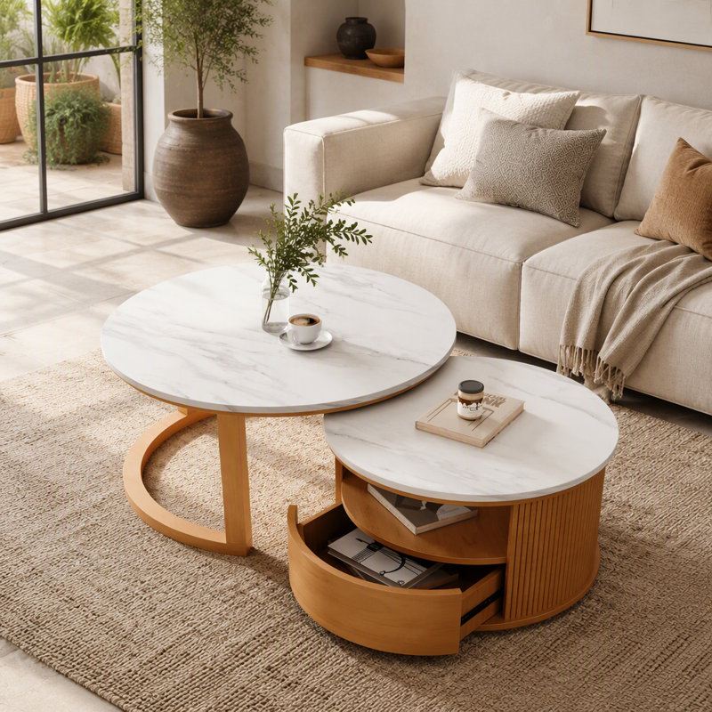 Table basse gigogne ronde avec plateau en placage de marbre blanc, rangement à 2 niveaux et 1 tiroir, naturel, 28,5 po
