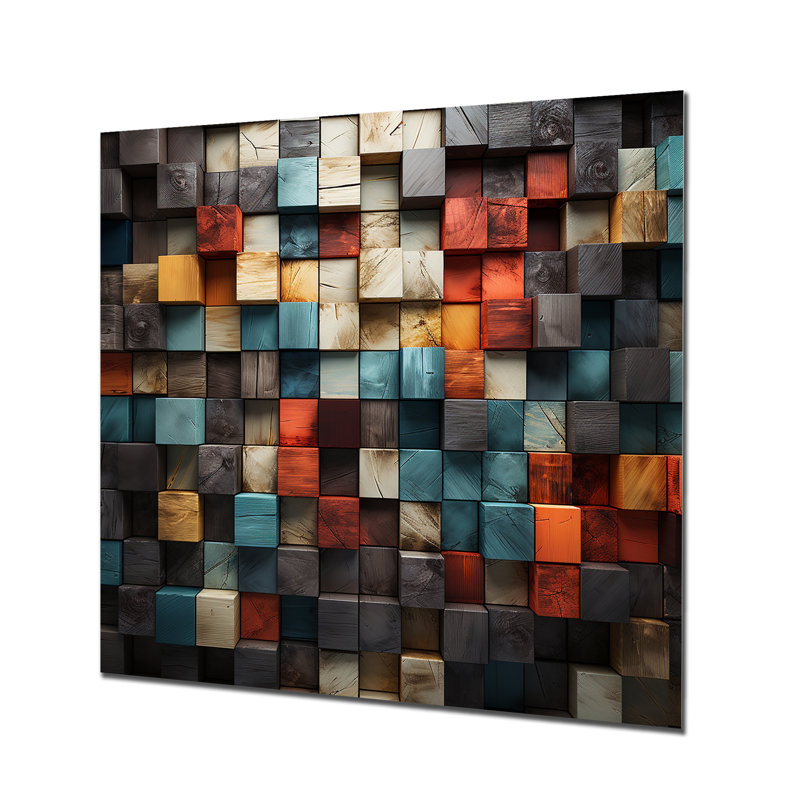 «Blue and Red Abstract Cubes III - Abstract Cubism», reproduction d'art murale en métal, H 29 po x l 29 po