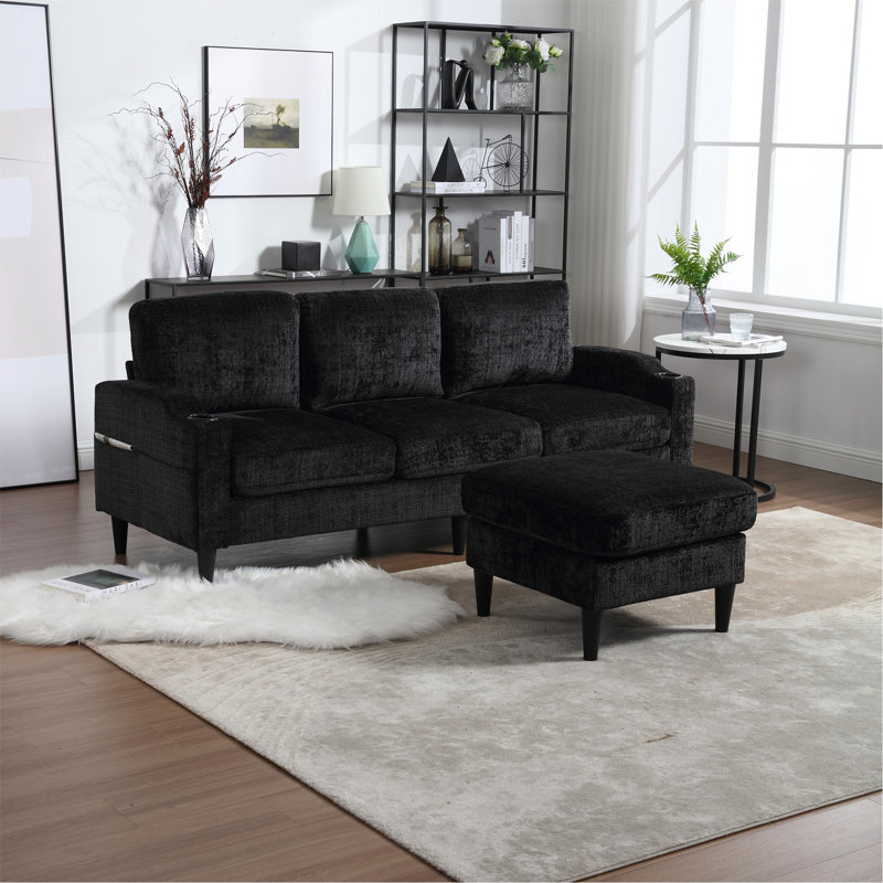 Adylynn Upholstered L-Shaped Sectional, Black Chenille