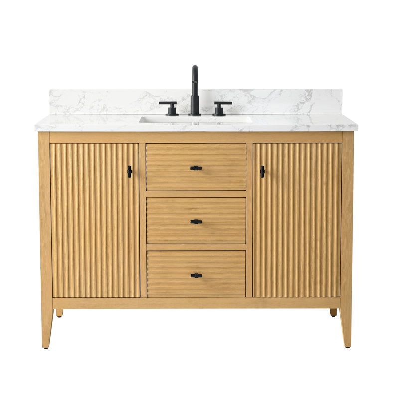 Ensemble de meuble-lavabo autoportant à simple cuve 48 po avec plateau en marbre Lavallon, Chêne naturel linéaire, Noir mat