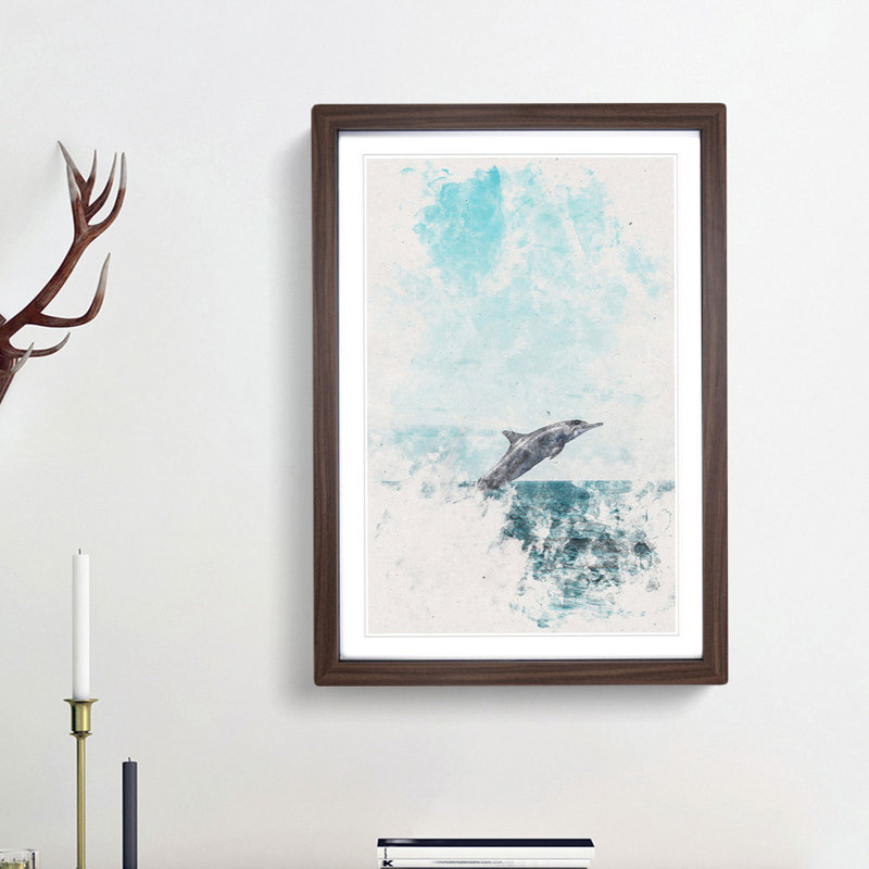 Jumping Dolphin Watercolour - Single Picture Frame Painting on MDF, Walnut Framed, 33cm H x 24cm W x 2cm D