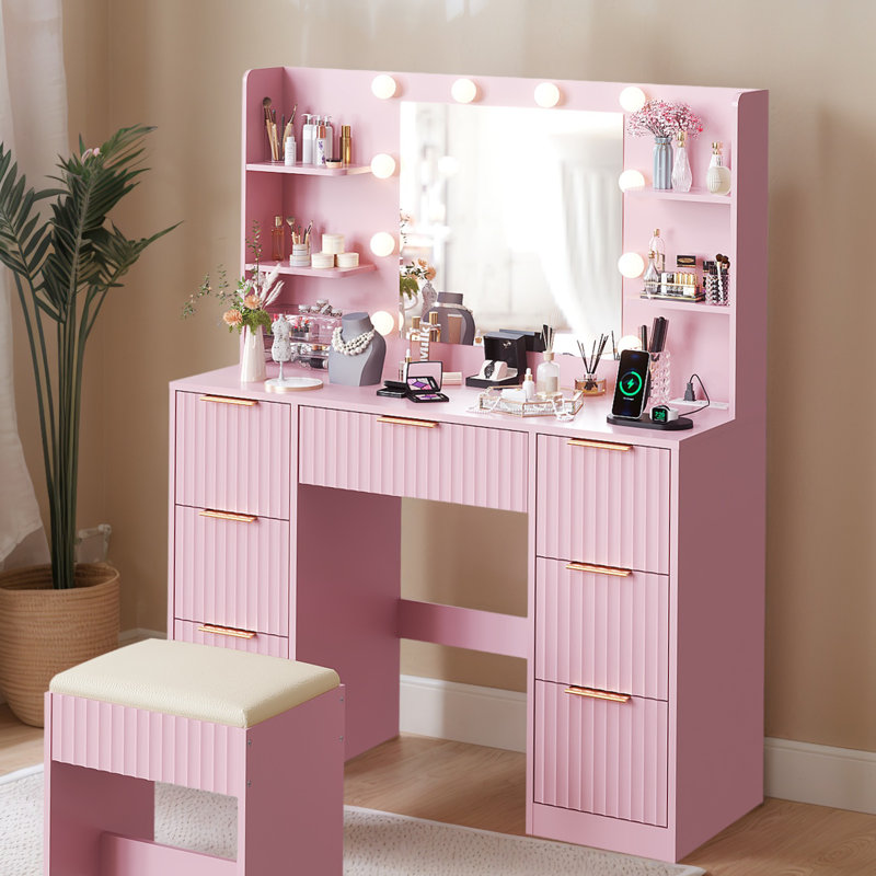 Lighted Vanity Set - 10pcs 3-Color Dimmable Bulbs, 7 Drawers, Pink