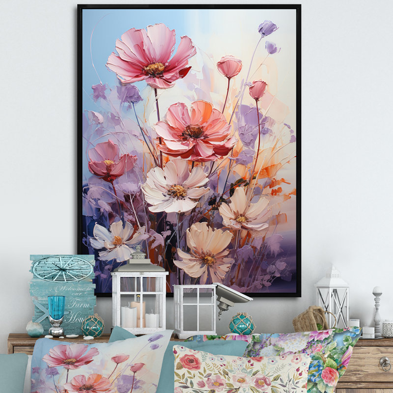 Impression romantique sur toile, "Pink Wildflowers", Cadre flottant noir, H 40 po x l 30 po x P 1,5 po