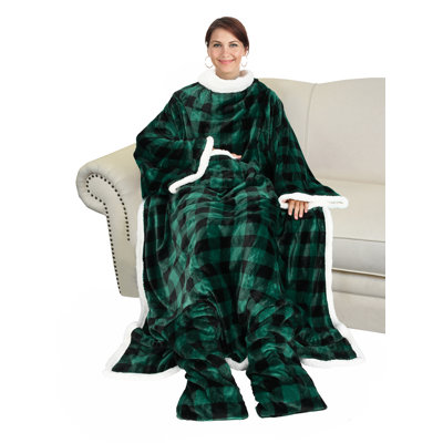 Sherpa Wearable Blanket with Sleeves & Foot Pockets for Adult Women Men