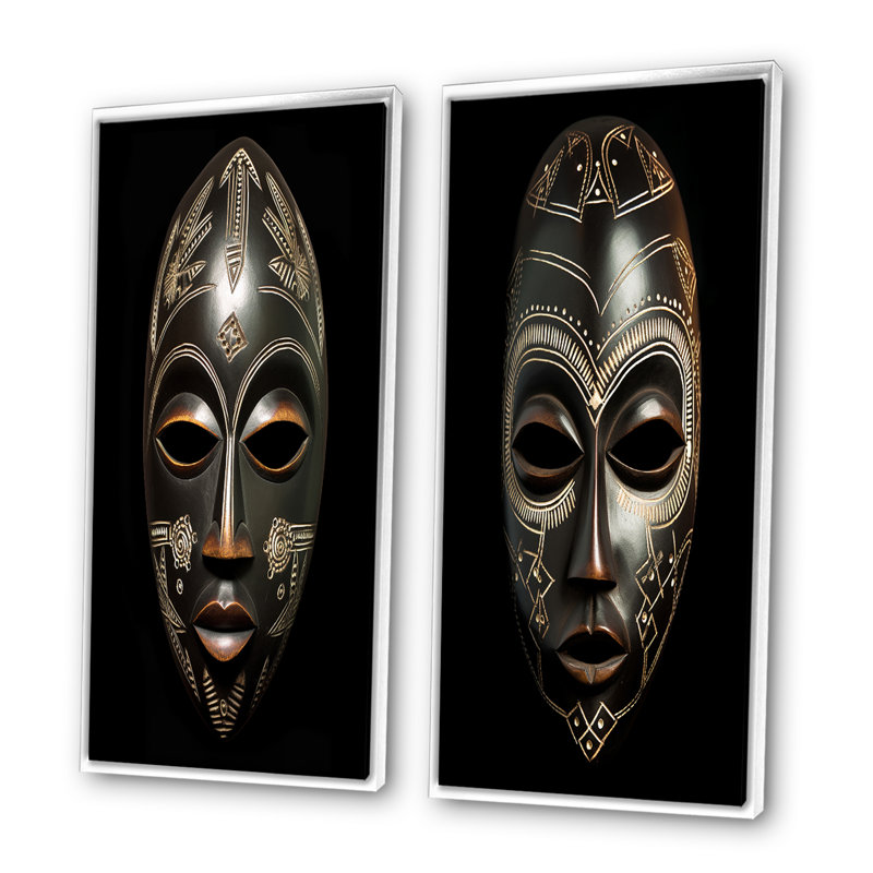«Ethnical Traditional African Mask» - ensemble d'art mural tribal africain de 2 pièces, Cadre blanc, H 32 po x l 32 po