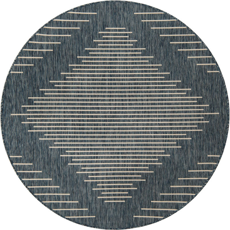Tapis géométrique bleu en polypropylène tissé à la machine Wallington, Rond 6 pi